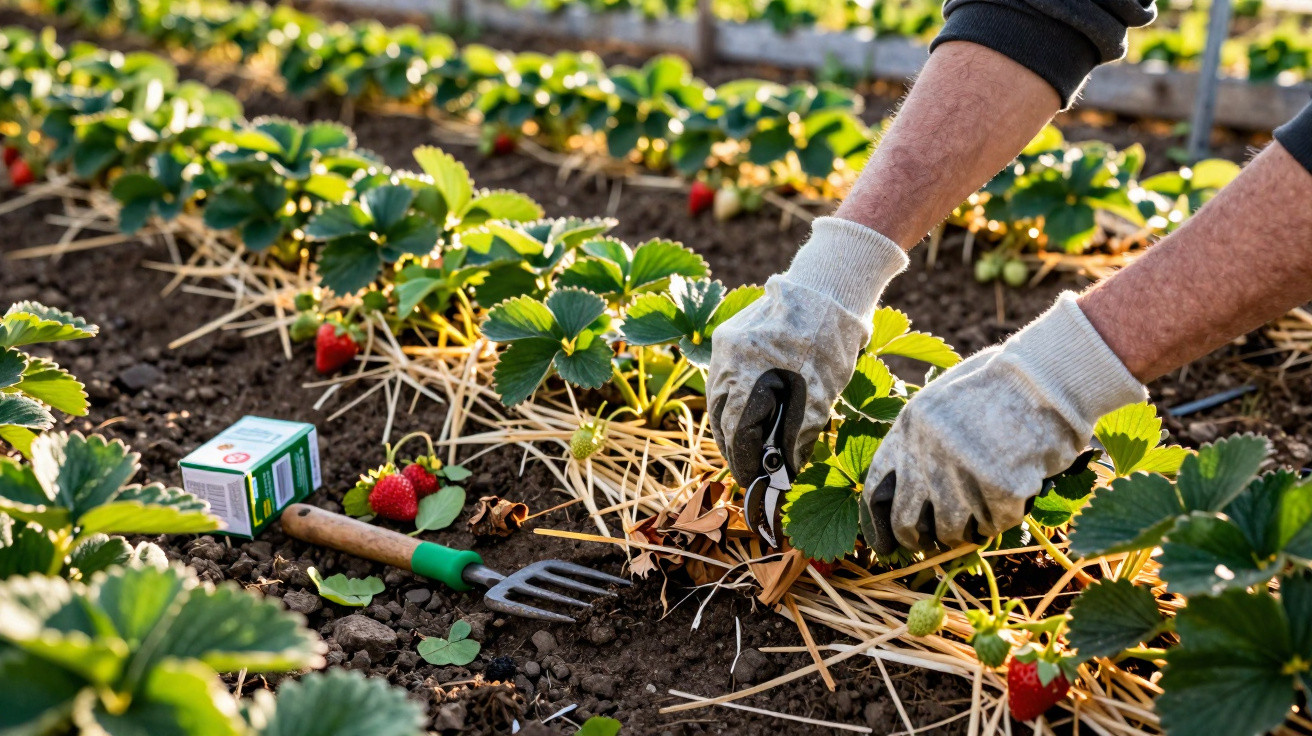 Pessoa cuidando de plantações de morango com ferramentas e luvas de proteção.