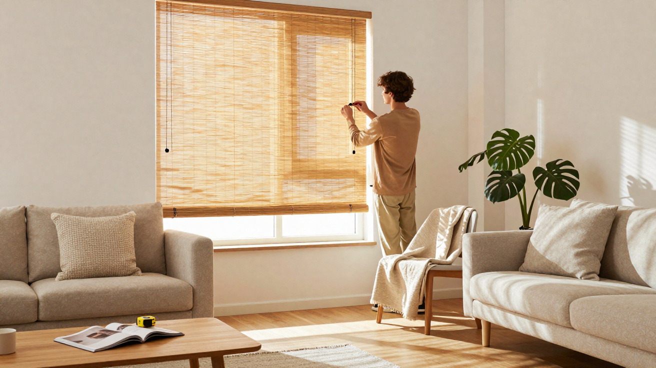 Pessoa ajusta persiana de bambu em sala de estar com sofá, mesa de madeira e planta decorativa.