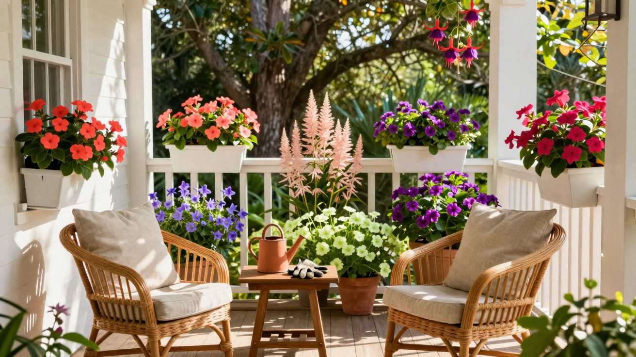 Varanda com poltronas de vime, mesa de madeira, regador e vasos com flores coloridas ao redor.