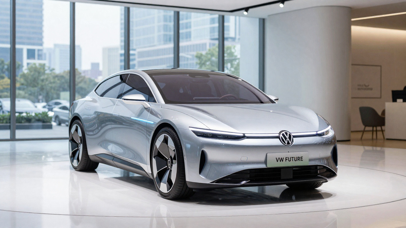 Carro elétrico prata Volkswagen VW Future exposto em showroom moderno com vidros grandes.