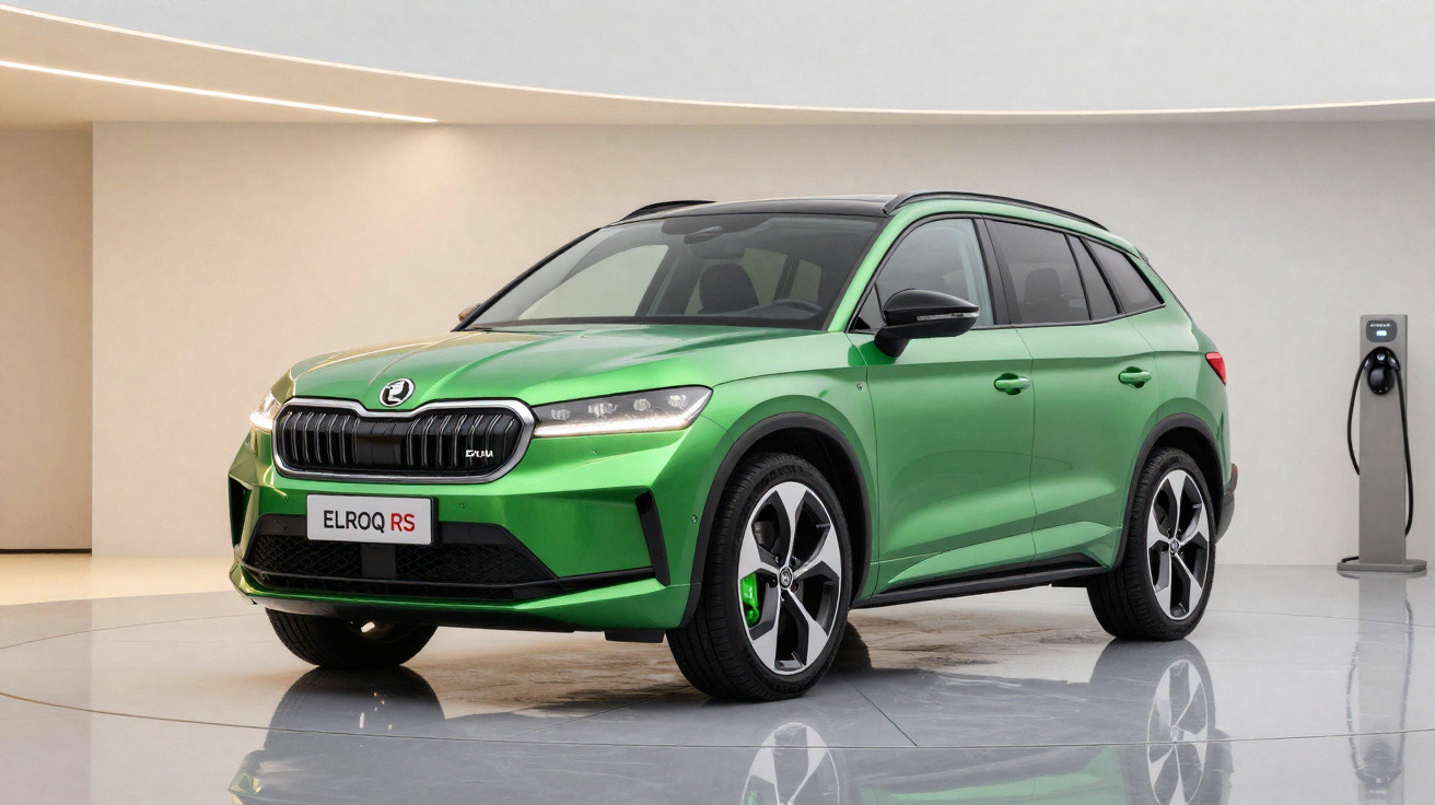Carro elétrico SUV verde Škoda Elroq RS estacionado em ambiente fechado com carregador elétrico ao fundo.
