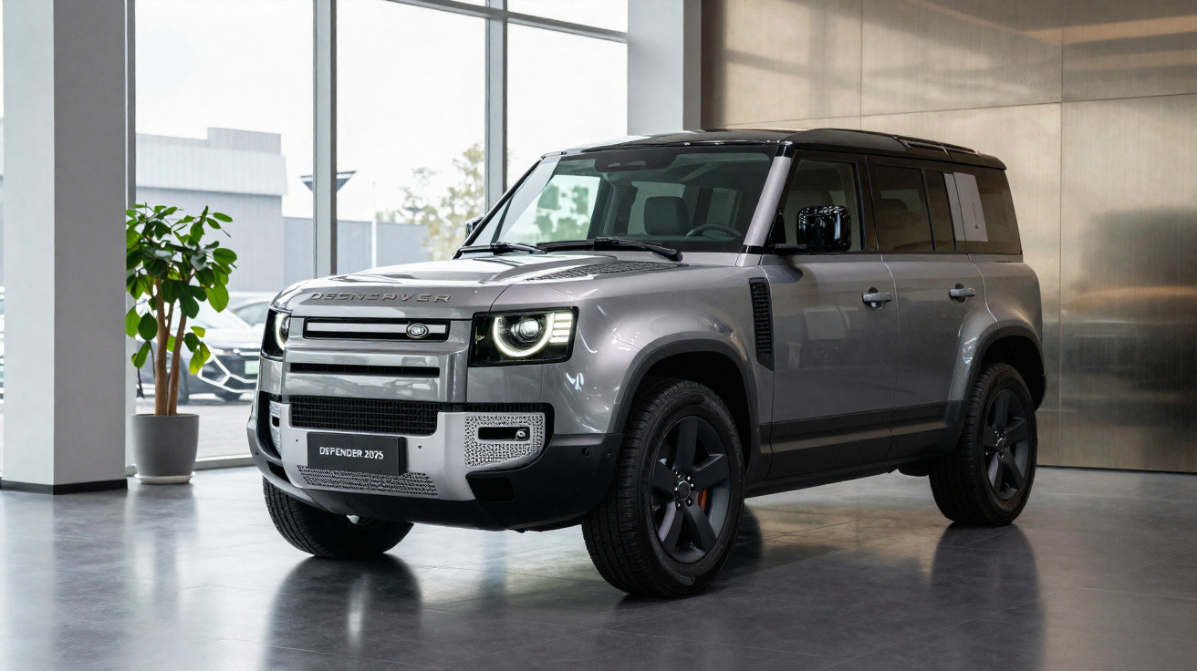 Carro SUV Land Rover Defender 2025 prateado em ambiente interno moderno com planta ao fundo.