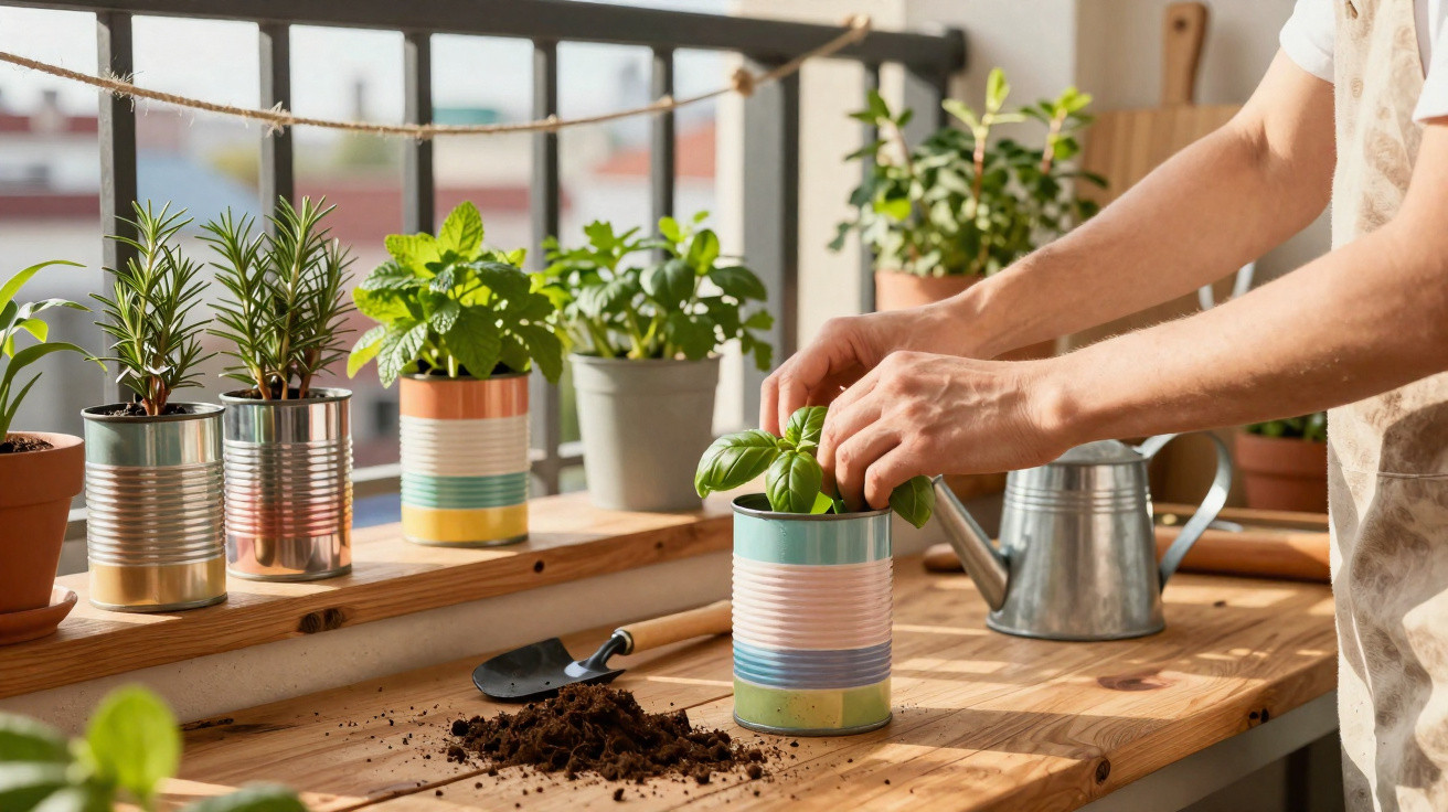 Pessoa cuidando de plantas em vasos coloridos sobre bancada de madeira em varanda ensolarada.