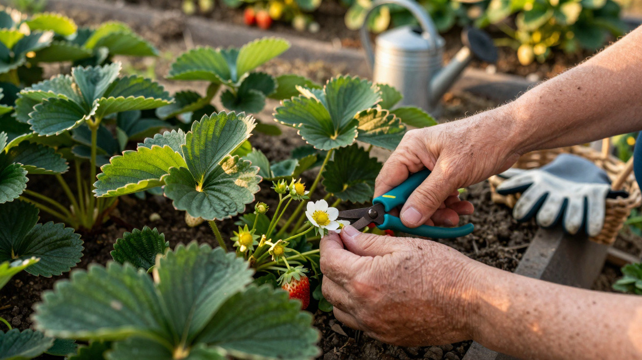 Mãos podando flor de morango em uma horta com plantação e regador ao fundo.