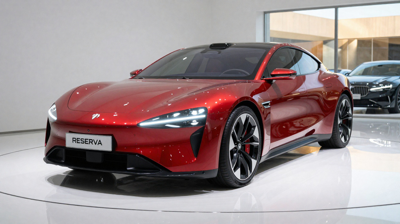 Carro esportivo vermelho com design moderno em exposição dentro de showroom com piso branco.
