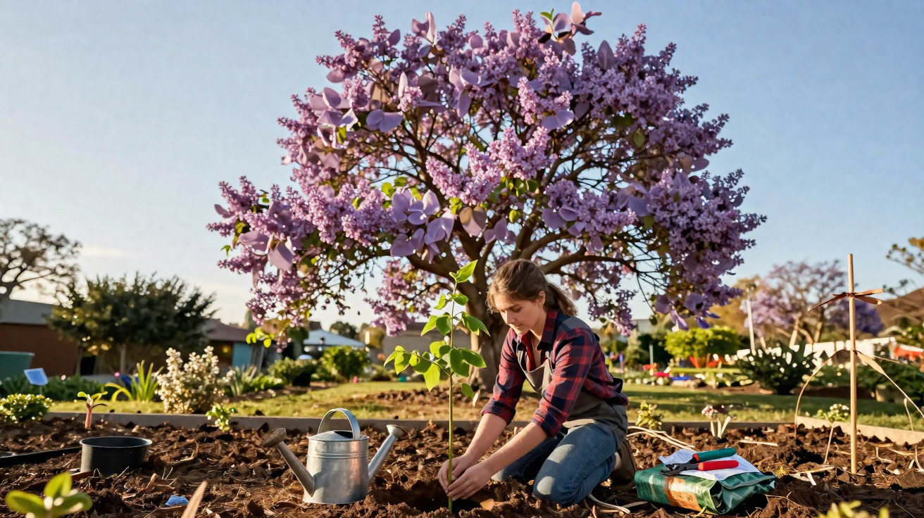 Mulher plantando muda ao ar livre com regador, ferramentas e árvore florida roxa ao fundo.
