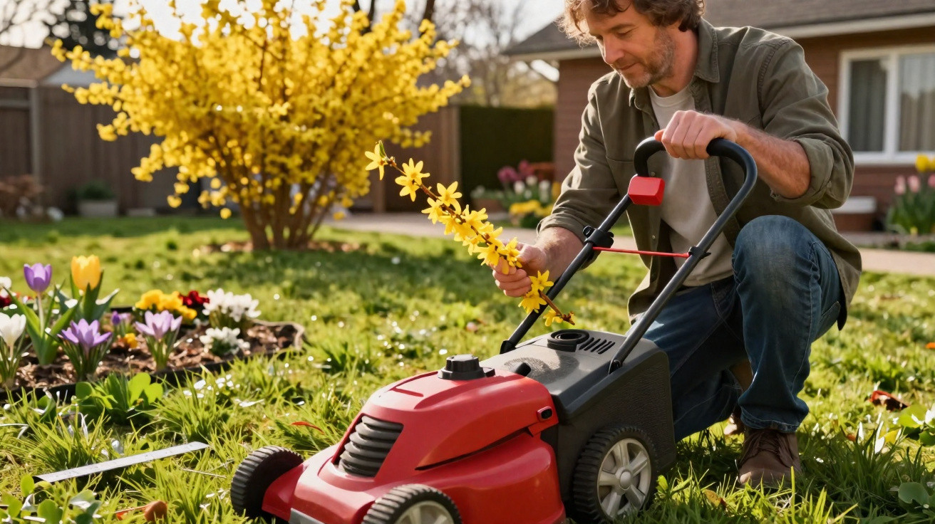 Homem agachado no jardim segurando flores amarelas ao lado de um cortador de grama vermelho.