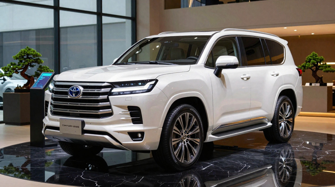 SUV Toyota Land Cruiser branco exibido em showroom moderno com piso preto brilhante.