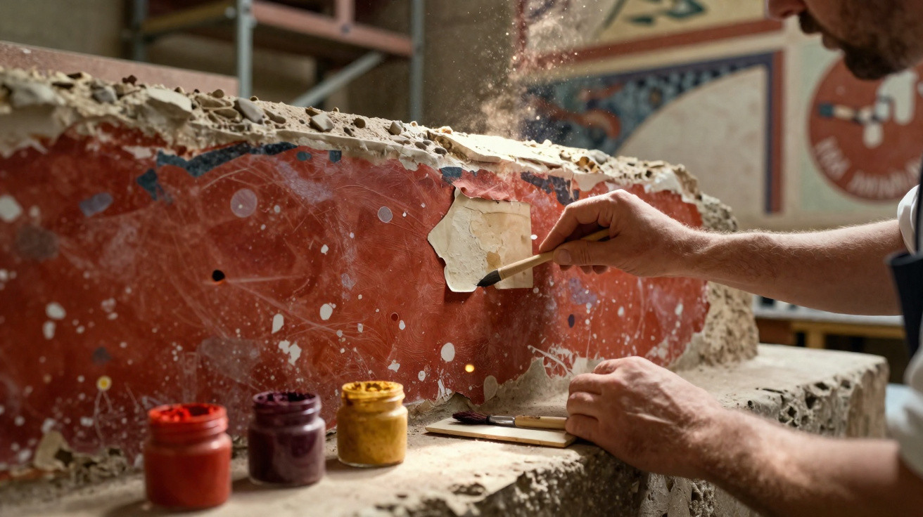 Restauro de pintura mural vermelha com pincel e tintas em frascos sobre base de pedra.