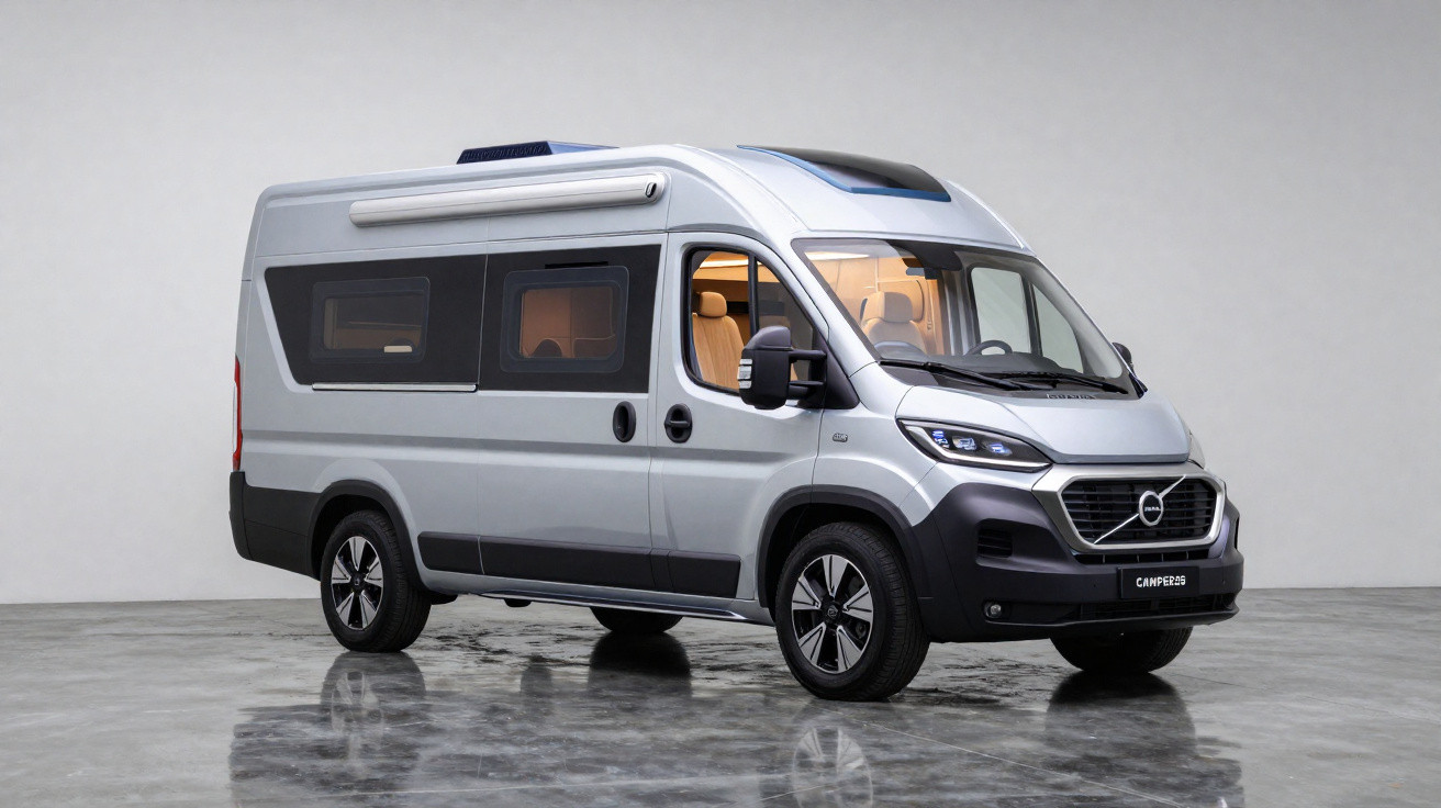 Van camper cinza estacionada em piso refletivo com fundo neutro branco.