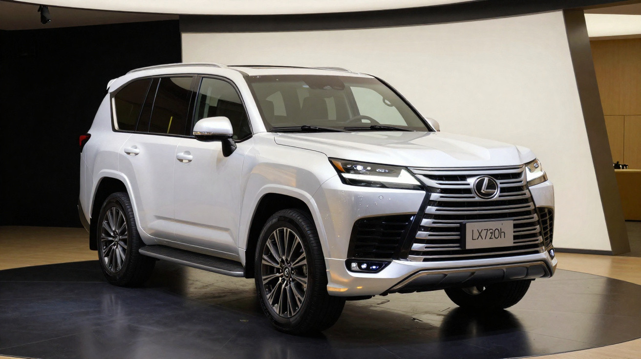 SUV branco Lexus LX720h estacionado em ambiente interno com iluminação suave.