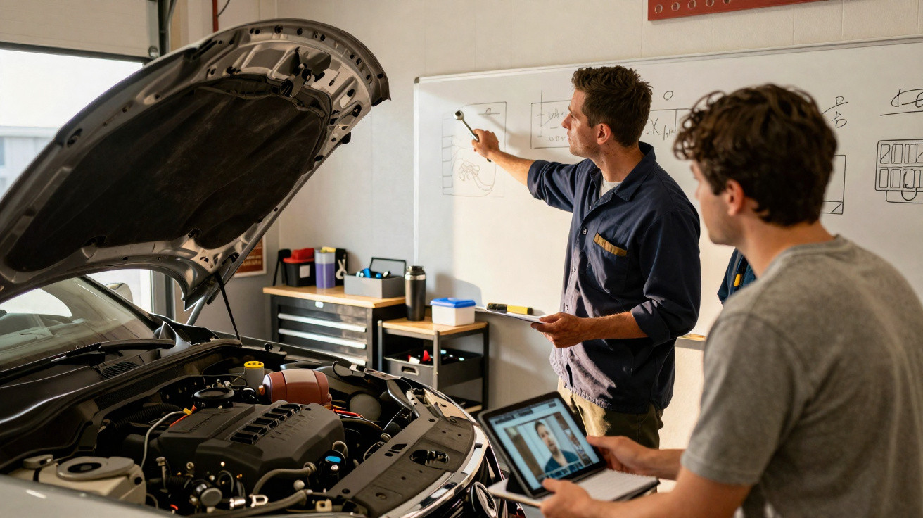 Dois homens em oficina automotiva, um explicando diagrama no quadro branco e outro com notebook perto de carro aberto.