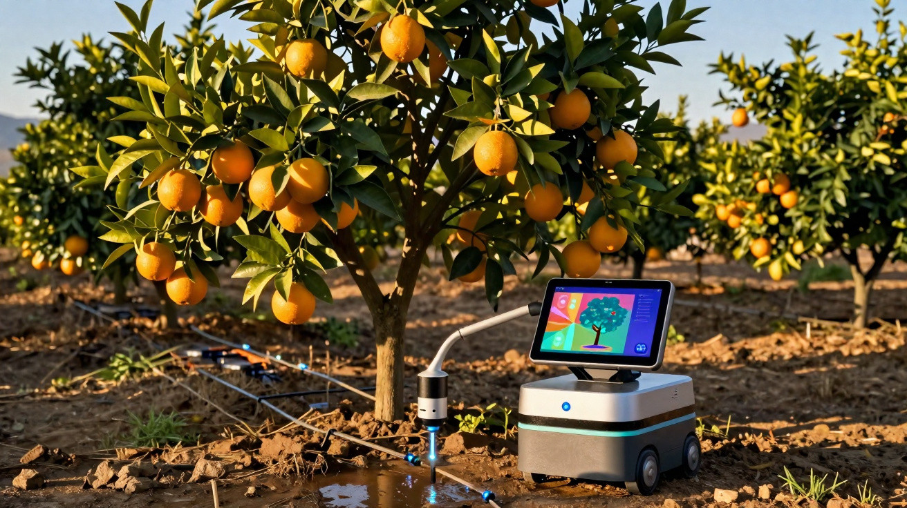 Robô agrícola realizado irrigação em pomar de laranjas em campo aberto ao entardecer.