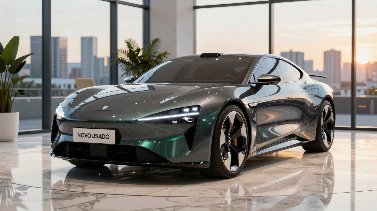 Carro esportivo elétrico verde escuro em showroom com piso de mármore e grandes janelas ao pôr do sol.