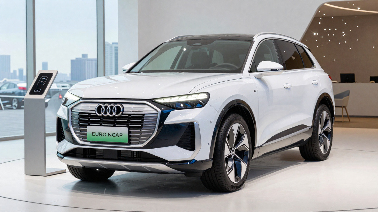 Carro elétrico Audi branco estacionado em showroom moderno com placa Euro NCAP na frente.