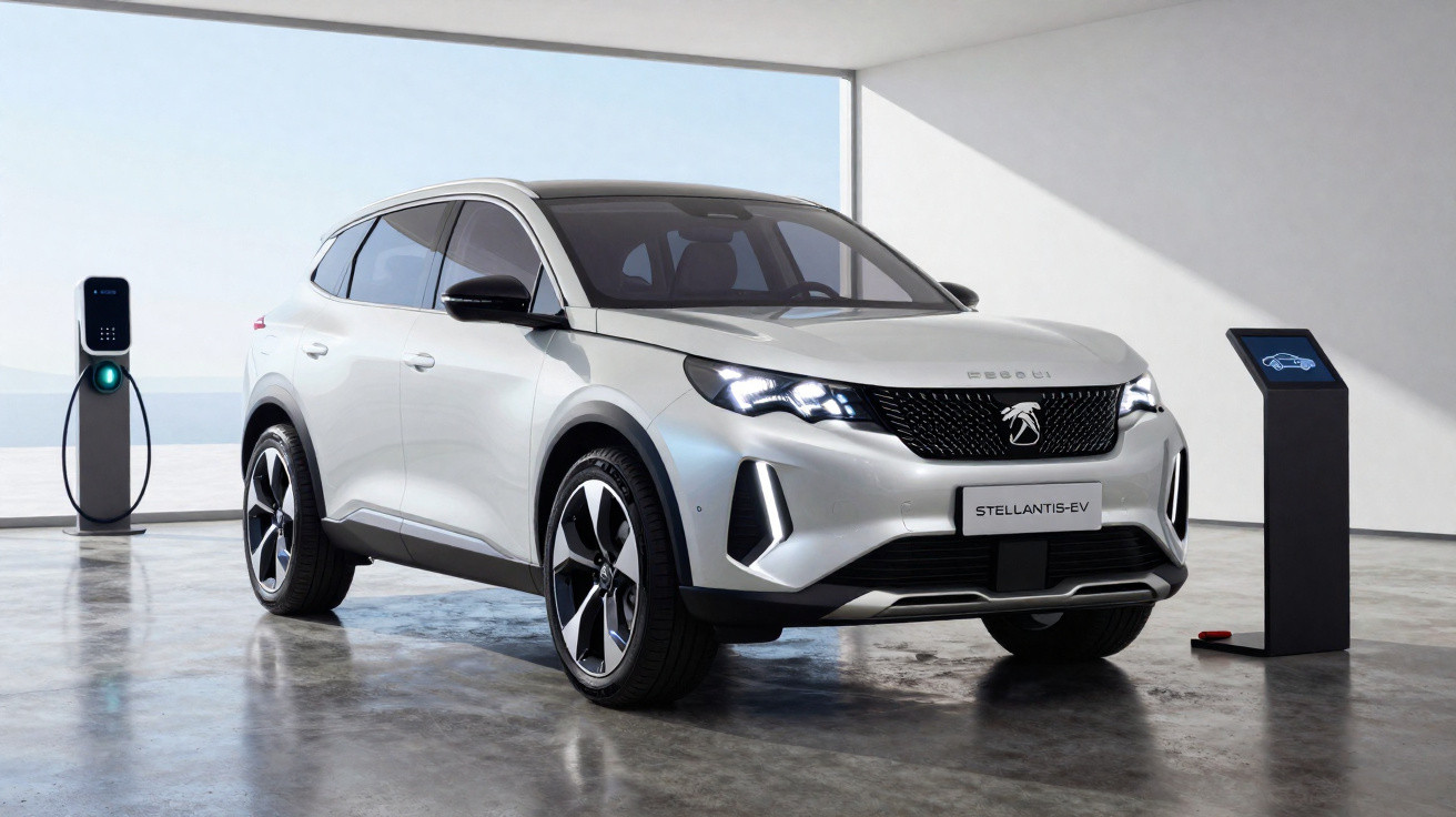 Carro elétrico SUV branco estacionado em área moderna ao lado de estação de recarga e painel digital.