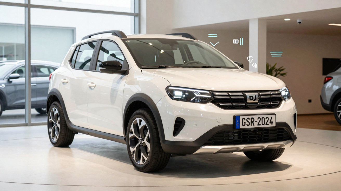 SUV branco estacionado em ambiente interno, com faróis acesos e placa GSR-2024.