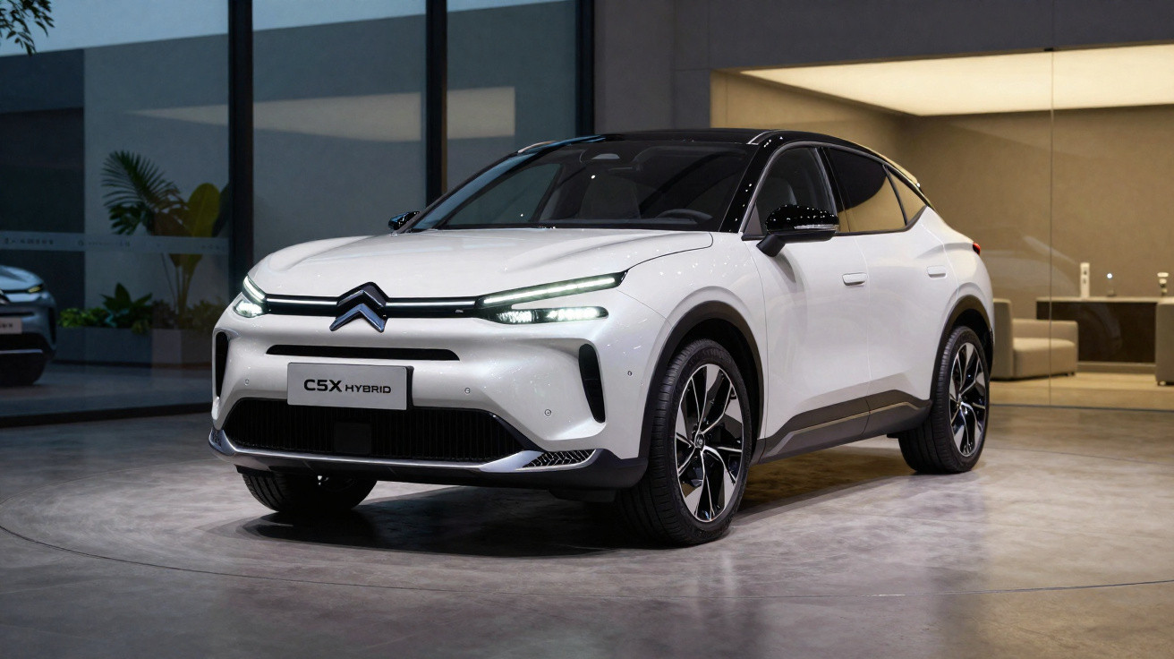 SUV híbrido branco Citroën CSX estacionado em ambiente interno moderno com iluminação suave.