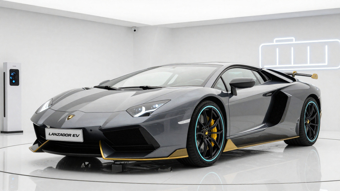 Carro esportivo elétrico Lamborghini Lanzador EV cinza em ambiente branco minimalista.