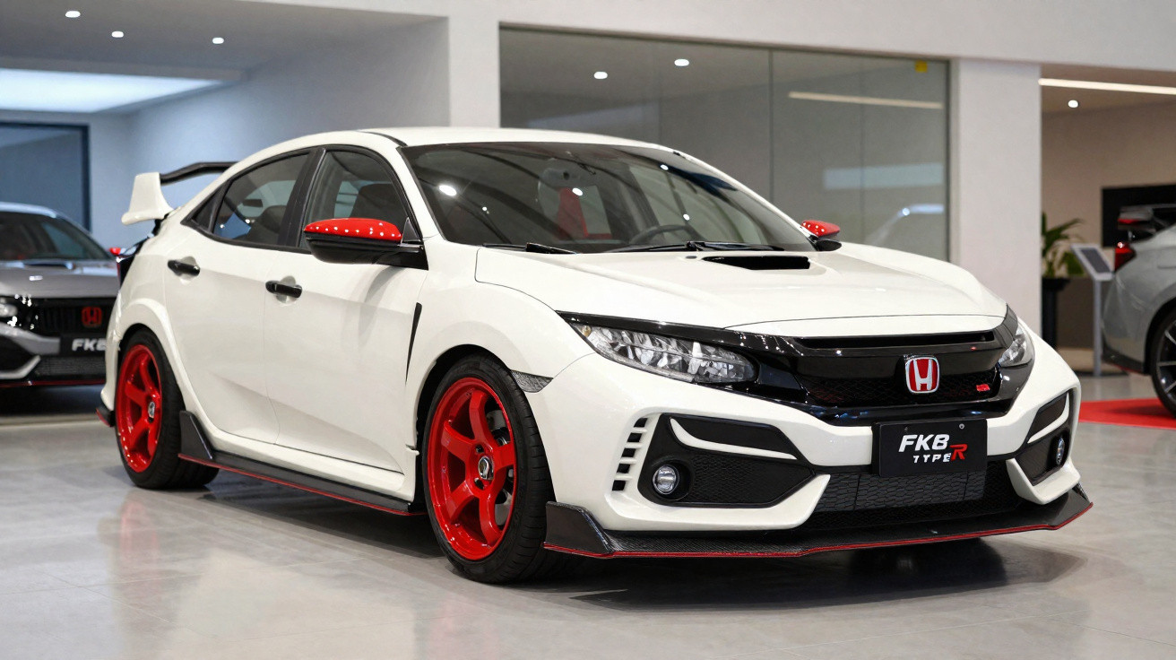 Carro esportivo branco Honda Civic Type R com rodas vermelhas em exposição interna.