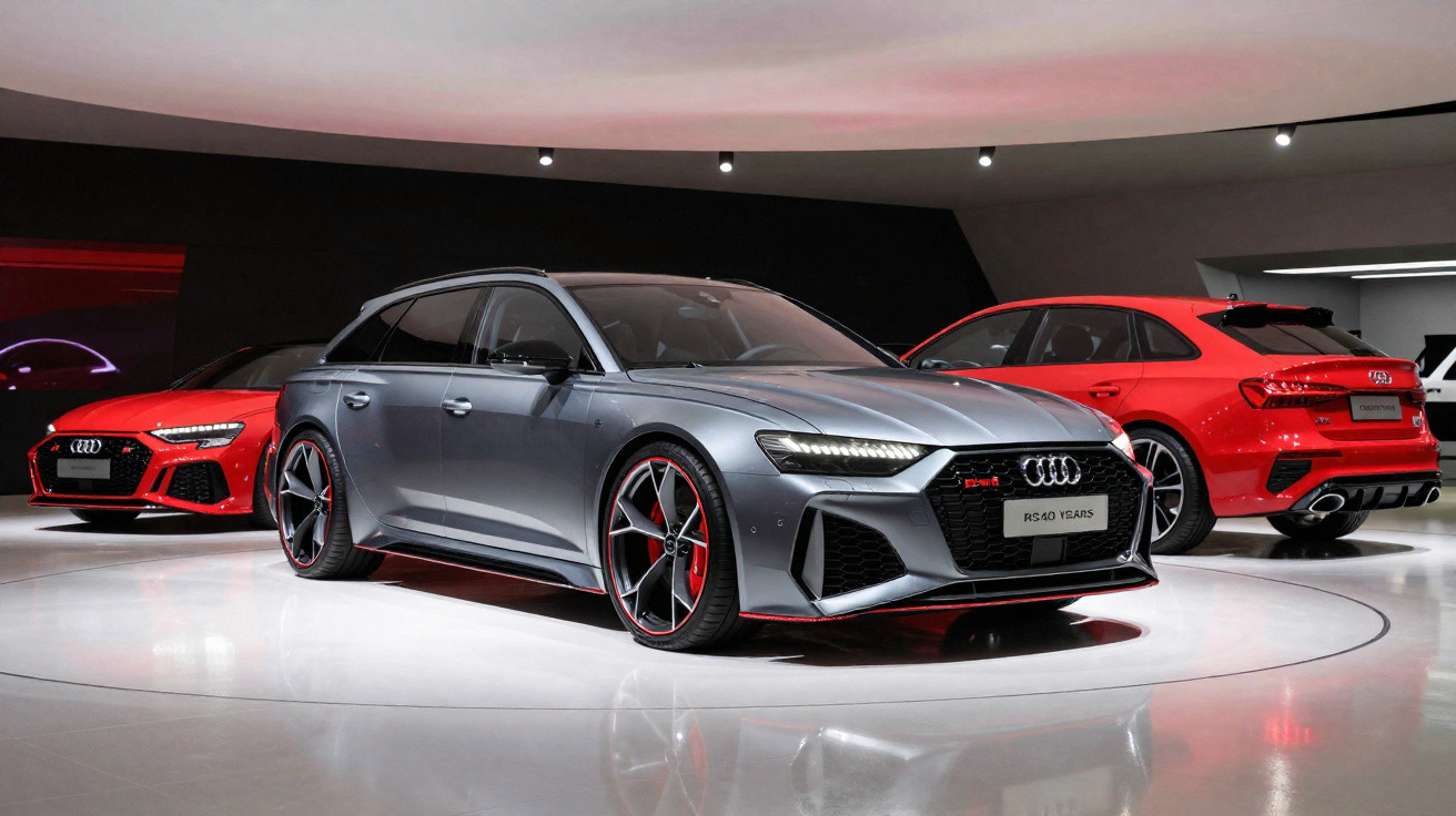 Três carros Audi RS em exposição, sendo um cinza à frente e dois vermelhos ao fundo em ambiente moderno.
