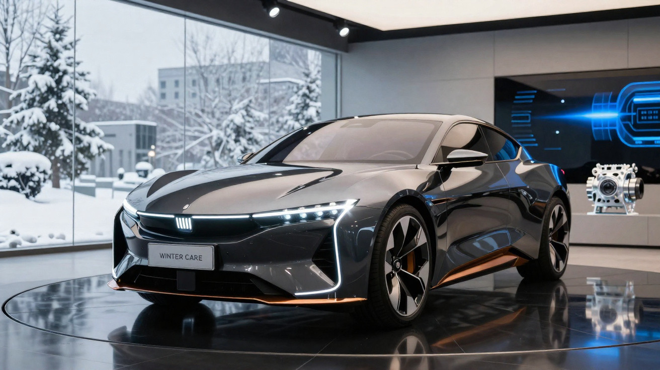 Carro esportivo elétrico cinza em exposição interna com janela mostrando paisagem nevada ao fundo.
