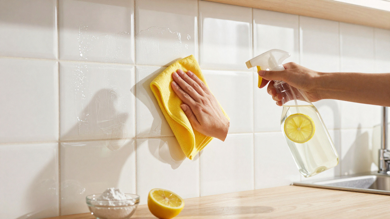 Mão limpando azulejos brancos com pano amarelo e spray caseiro de limão na cozinha.