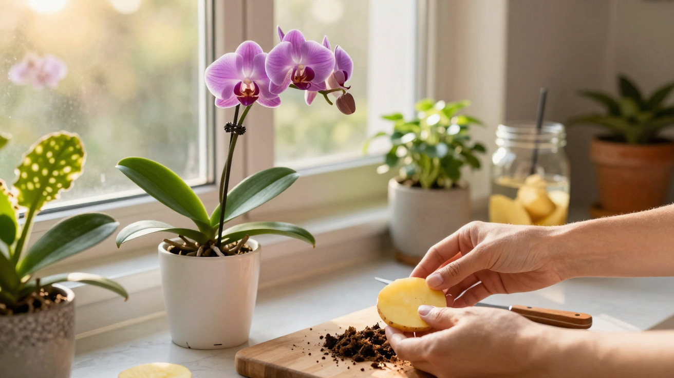 Mãos plantando bulbo em vaso, orquídea rosa e outras plantas próximas na janela ensolarada.