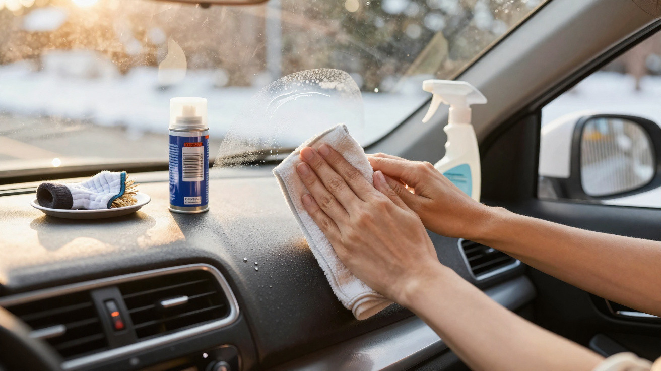 Pessoa limpando o painel interno de carro com pano branco e produtos de limpeza ao redor.