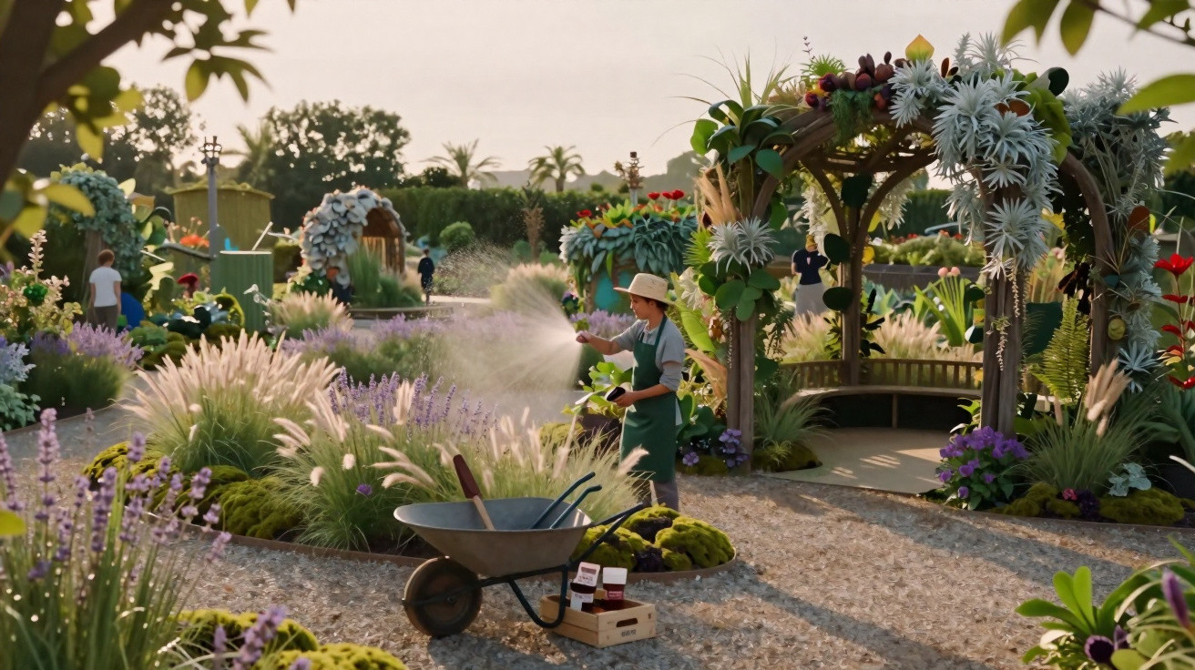 Pessoa regando plantas coloridas em jardim com arco decorado e carrinho de mão sobre caminho de pedras.