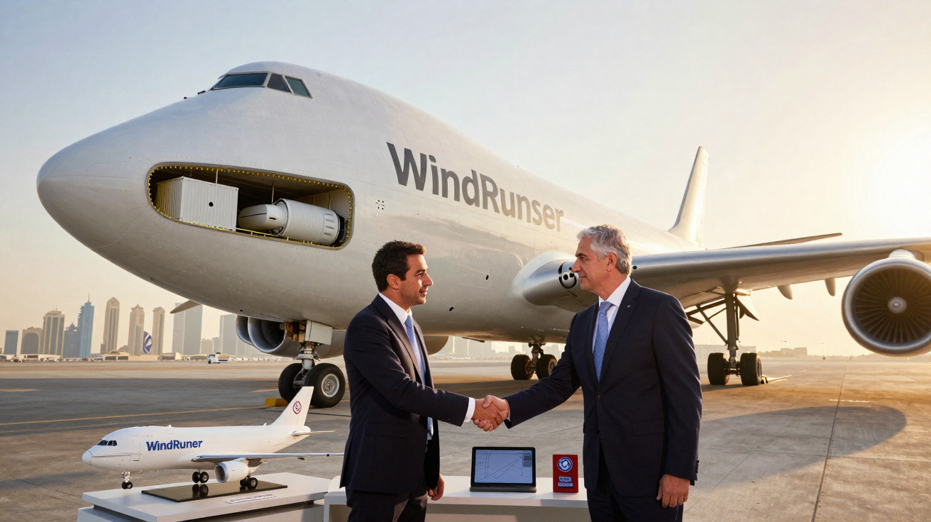 Dois homens em terno apertam mãos em frente a avião cargueiro WindRunner estacionado ao pôr do sol.