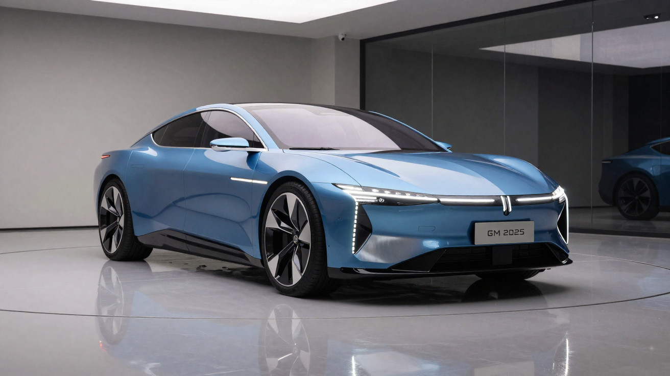 Carro elétrico esportivo azul com design futurista exibido em ambiente interno moderno e refletivo.