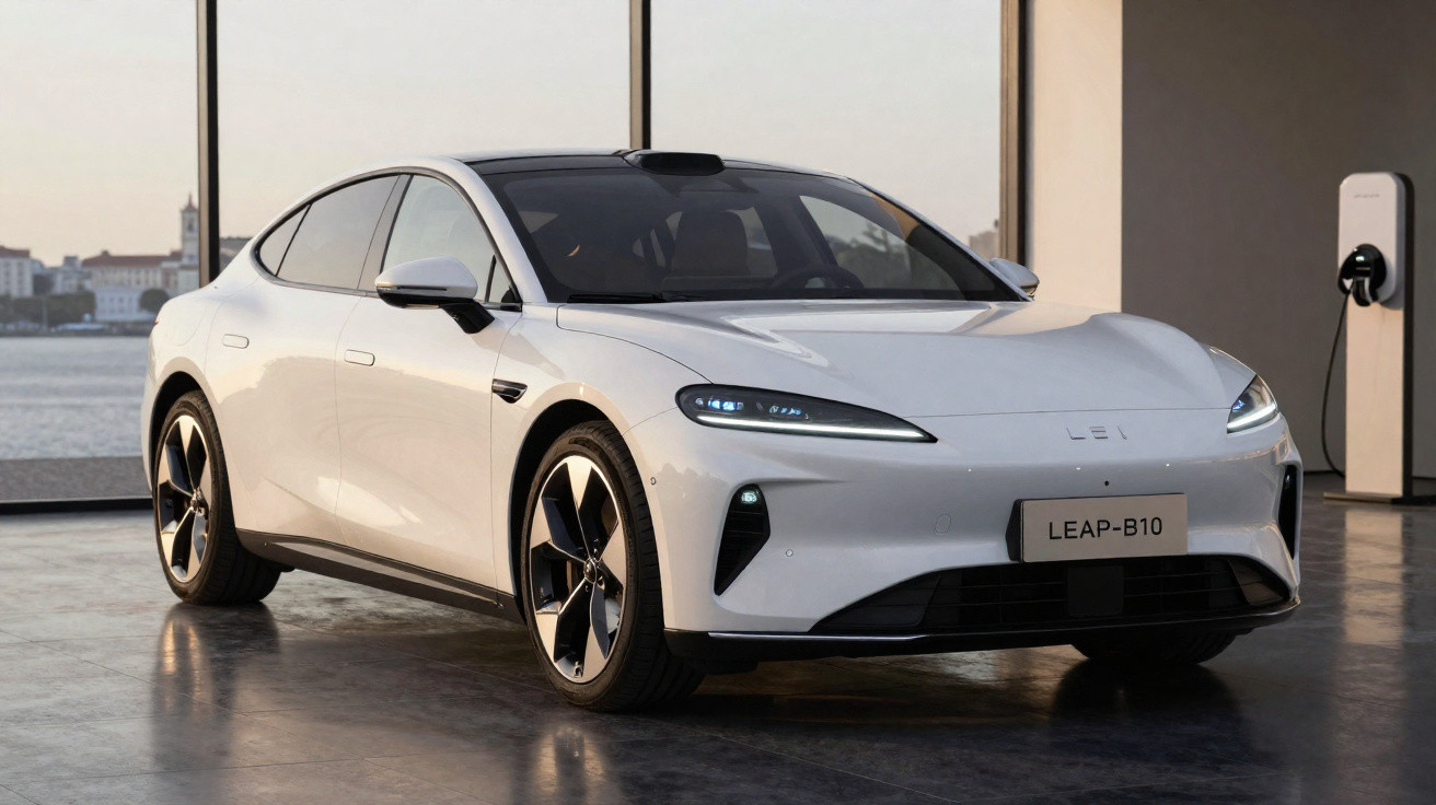 Carro elétrico branco modelo LEAP-B10 estacionado em ambiente interno com carregador na parede ao fundo.