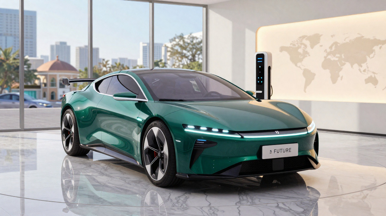 Carro esportivo elétrico verde brilhante carregando em estação interna com vista para cidade moderna.