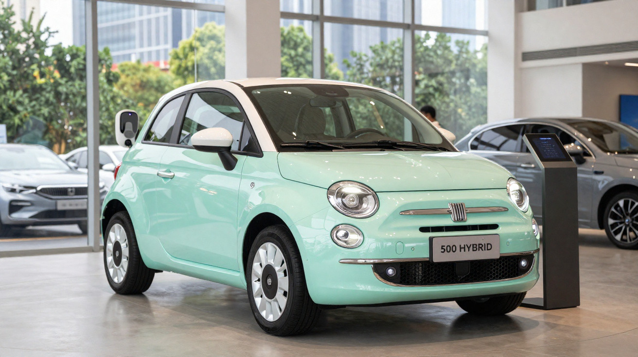 Carro Fiat 500 Hybrid verde claro exposto em showroom moderno com grandes janelas e outros veículos ao fundo.