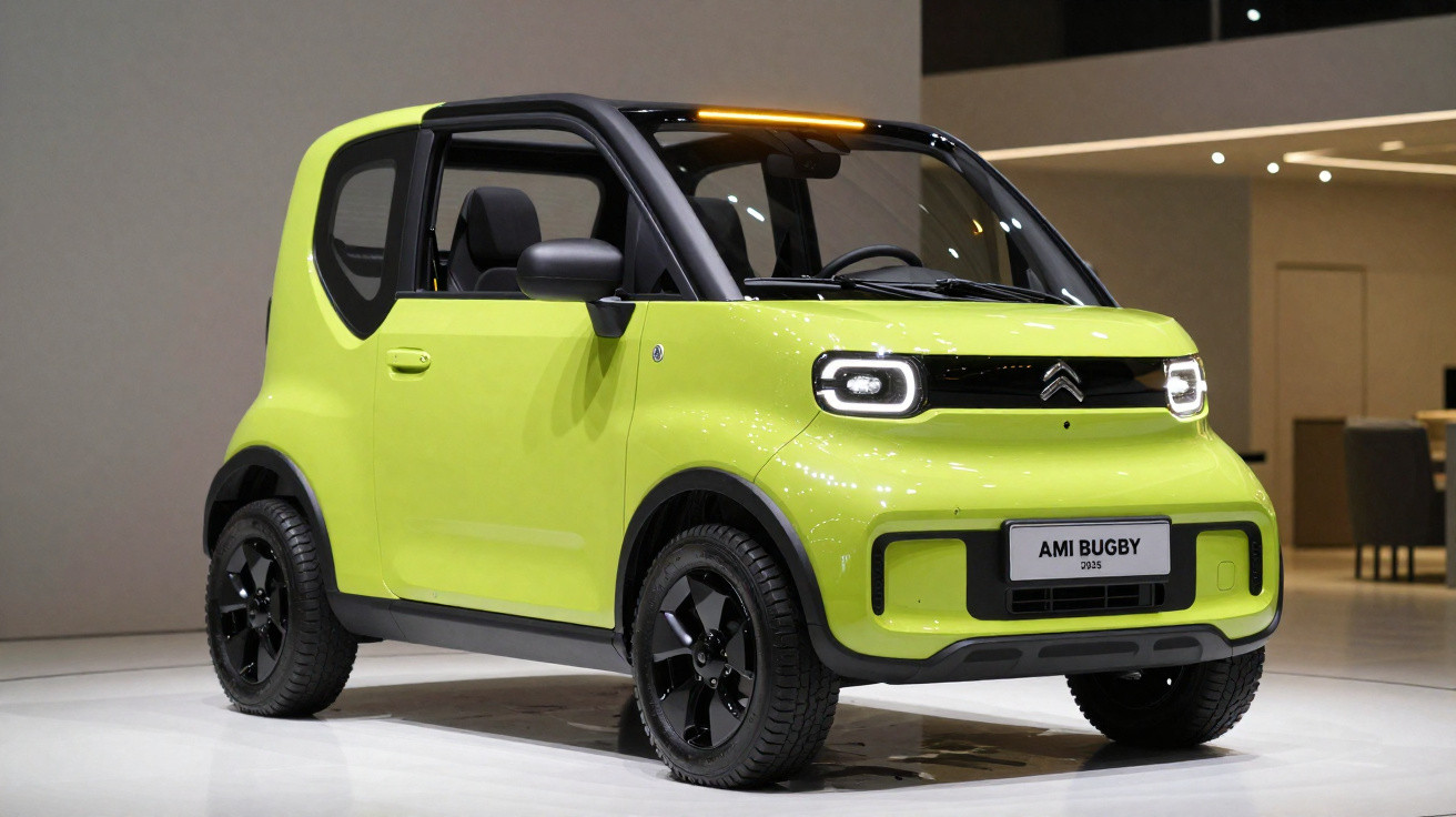 Carro elétrico compacto Citroën Ami Buggy verde limão em exposição interna.
