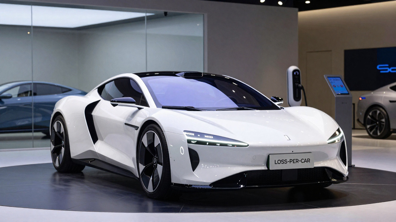 Carro esportivo elétrico branco em exibição em ambiente interno com iluminação moderna e parede de vidro reflexiva.