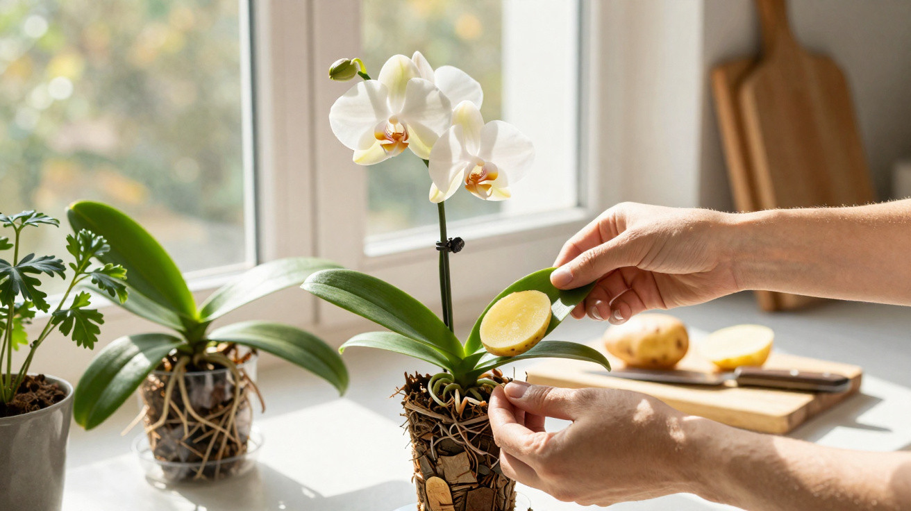 Pessoa aplicando uma fatia de batata nas folhas de uma orquídea branca em vaso transparente na janela.