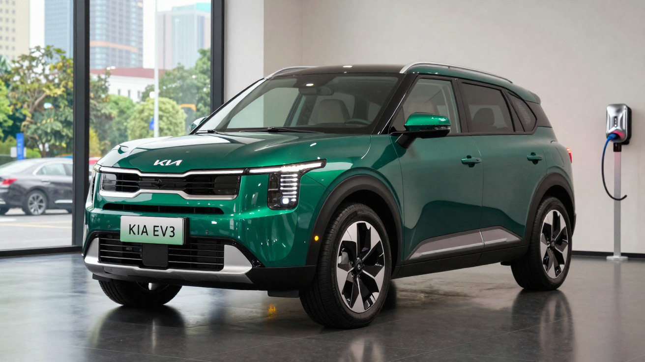 Carro elétrico Kia EV3 verde exibido em showroom moderno com carregador elétrico na parede ao fundo.