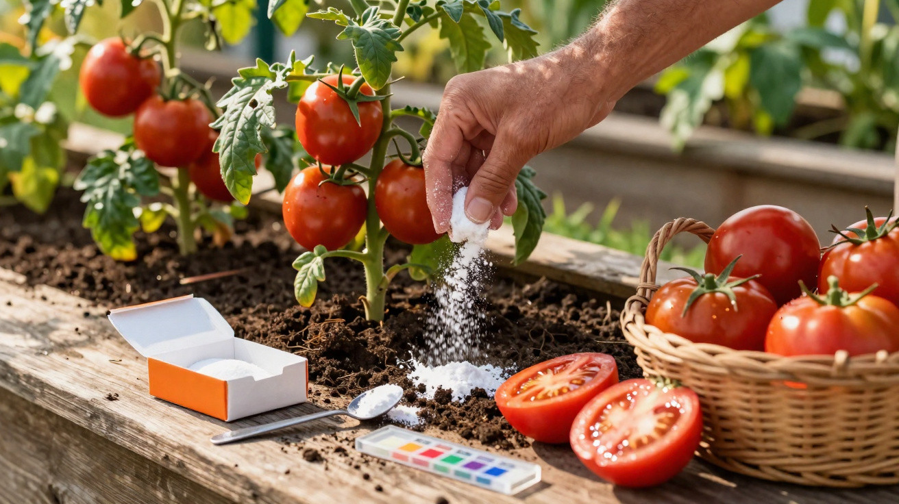 Mão aplicando sal ao solo perto de plantação de tomateiros com tomates vermelhos maduros e cesta.