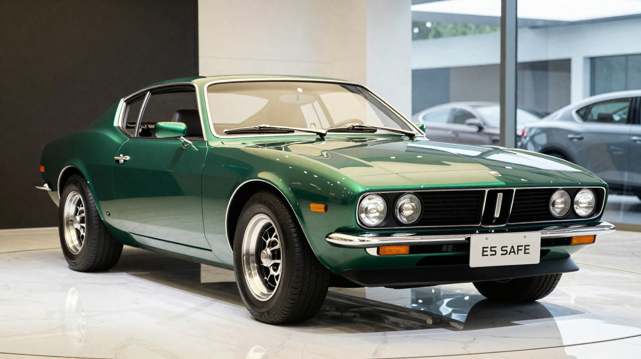 Carro esportivo clássico verde escuro estacionado em showroom moderno com piso branco.