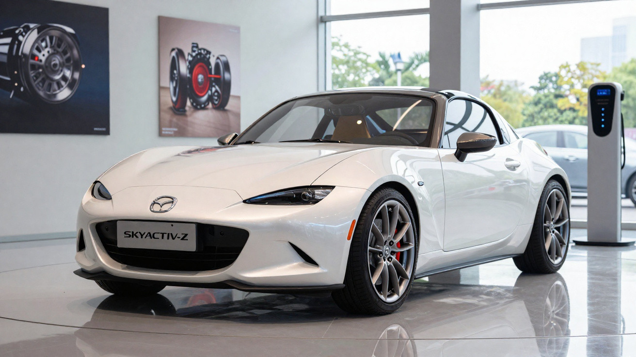 Carro esportivo branco Mazda Skyactiv-Z exibido em showroom moderno e iluminado.