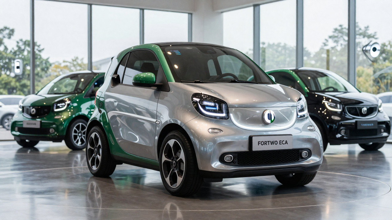 Carros elétricos Smart Fortwo ECA expostos em showroom moderno e iluminado.