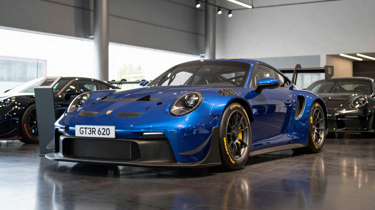 Carro esportivo azul Porsche GT3R 620 exibido em showroom com luz e piso refletivos.