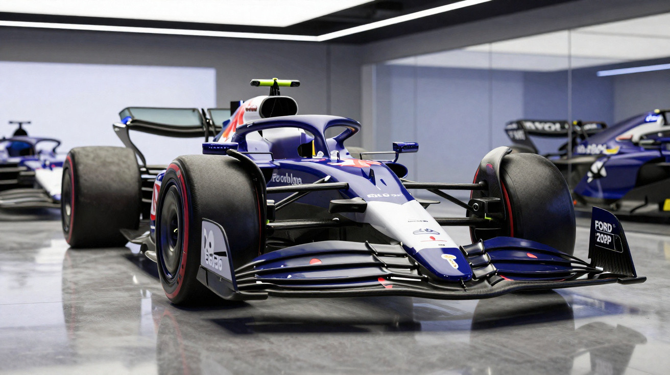 Carro de Fórmula 1 azul e branco em garagem com piso refletivo e espelhos na parede.