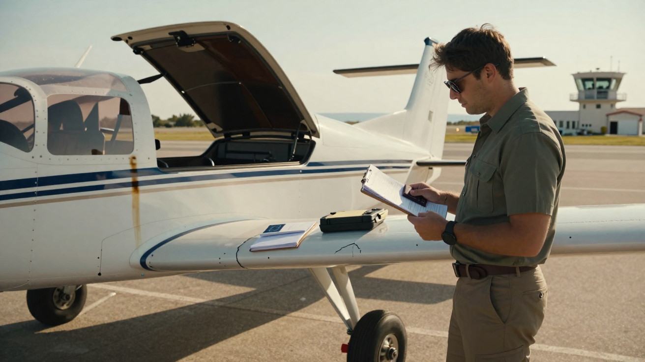 Homem com óculos escuros faz checagem em checklist ao lado de pequeno avião branco no aeroporto.