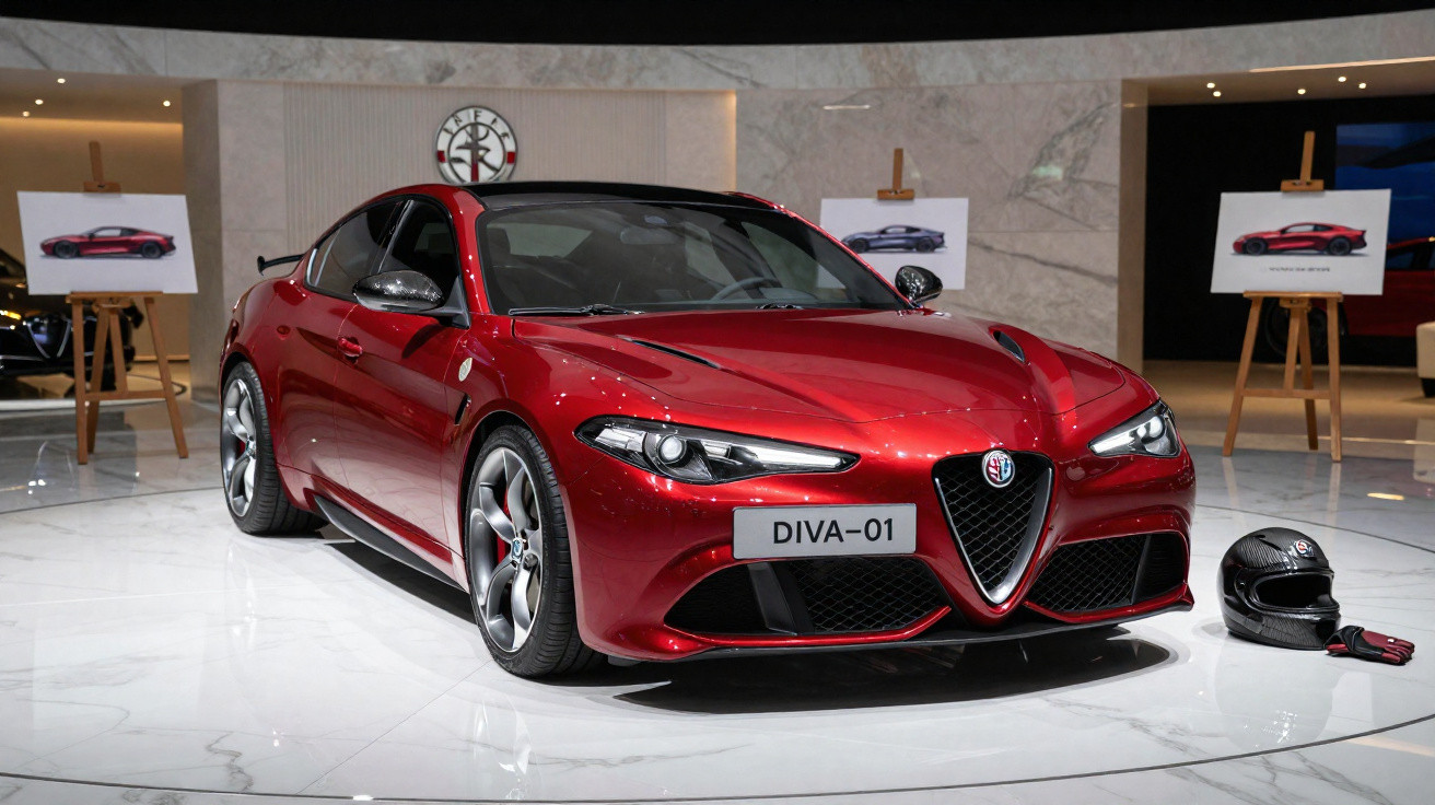 Carro esportivo Alfa Romeo vermelho DIVA-01 em exposição, com capacete preto ao lado, ambiente moderno.