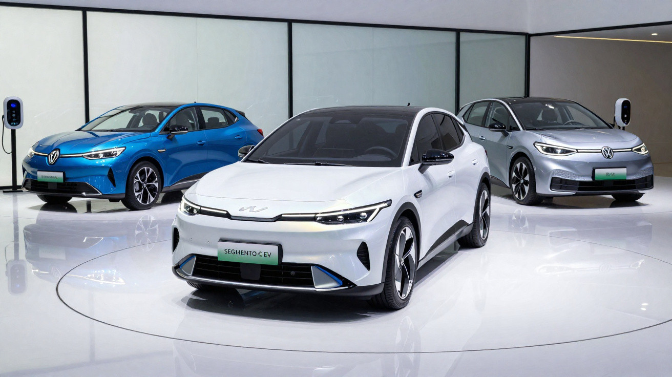 Três carros elétricos brancos, azul e prata em exposição, com carregadores ao fundo.
