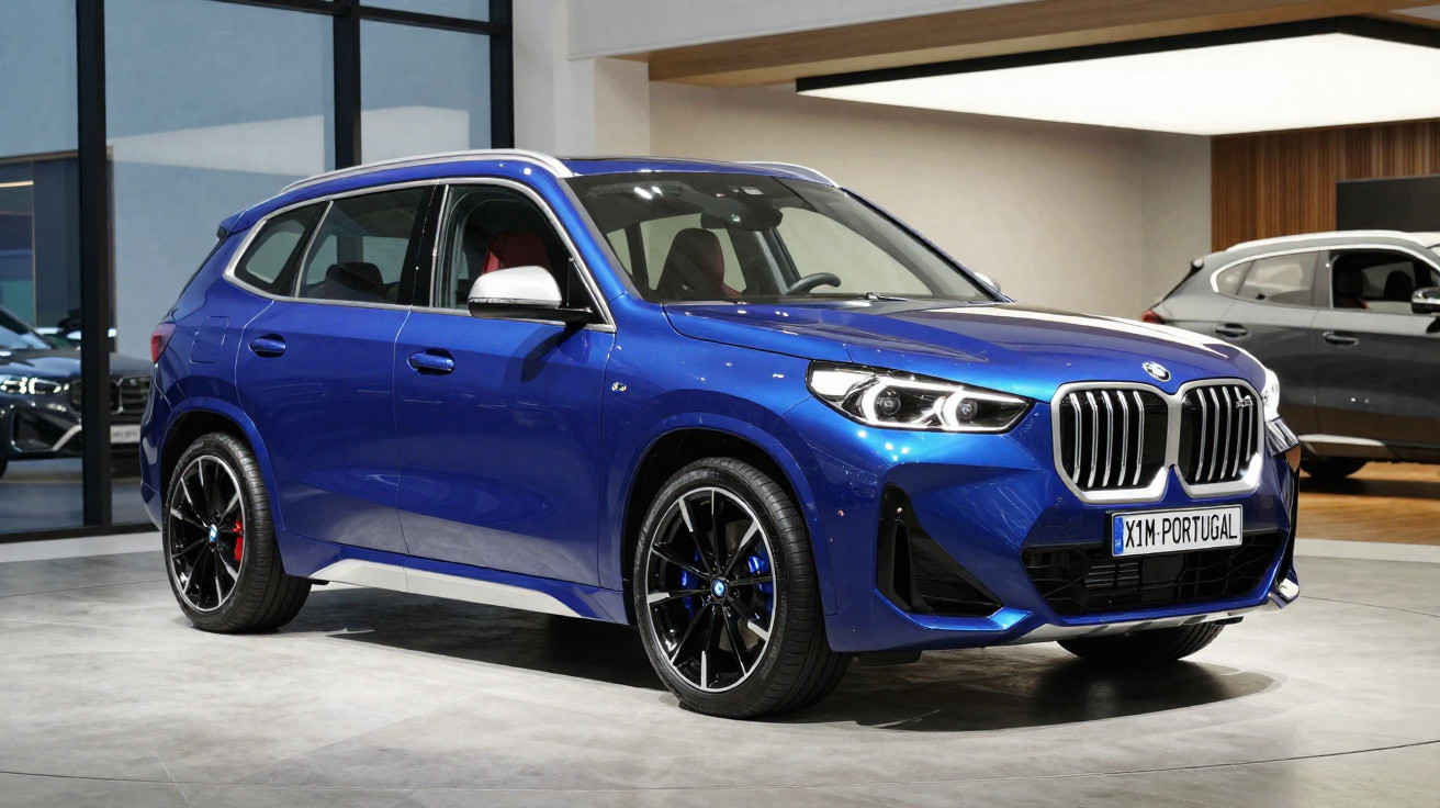 Carro SUV BMW X1 azul em exposição em showroom moderno com piso cinza e paredes brancas e de madeira.