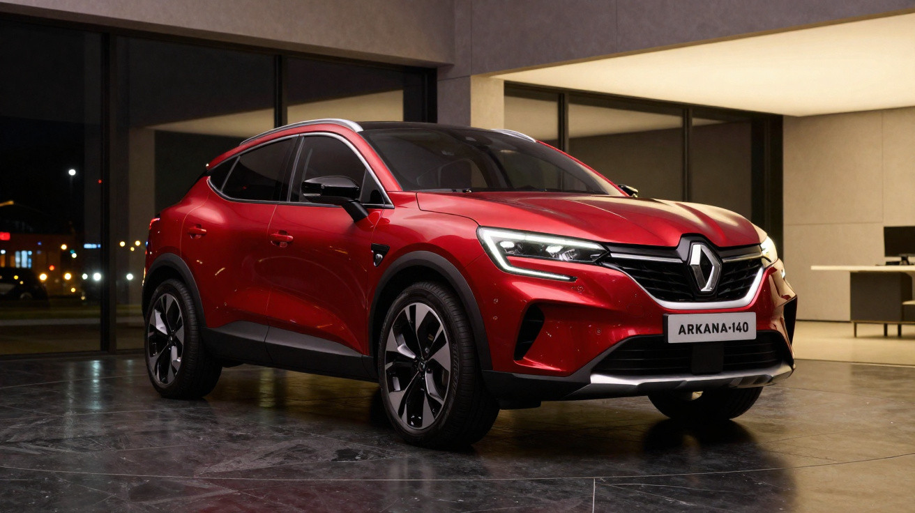 SUV Renault Arkana 1.4 vermelho em ambiente interno com iluminação suave e design moderno.